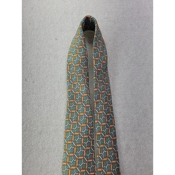 Hermes Men's OS Designer Necktie 100% Silk Green Gold Print Business Work Tie